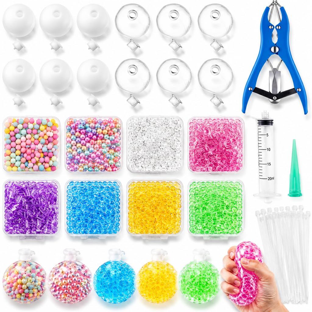 DIY Stress Ball Making Kit, Food Grade Empty Stress Ball Skins with Filling Beads and Tools, Complete Squishy Maker Kit for Teens Adults, 12 soft TPR balls 6cm for Sensory Play (8 types of fillers)