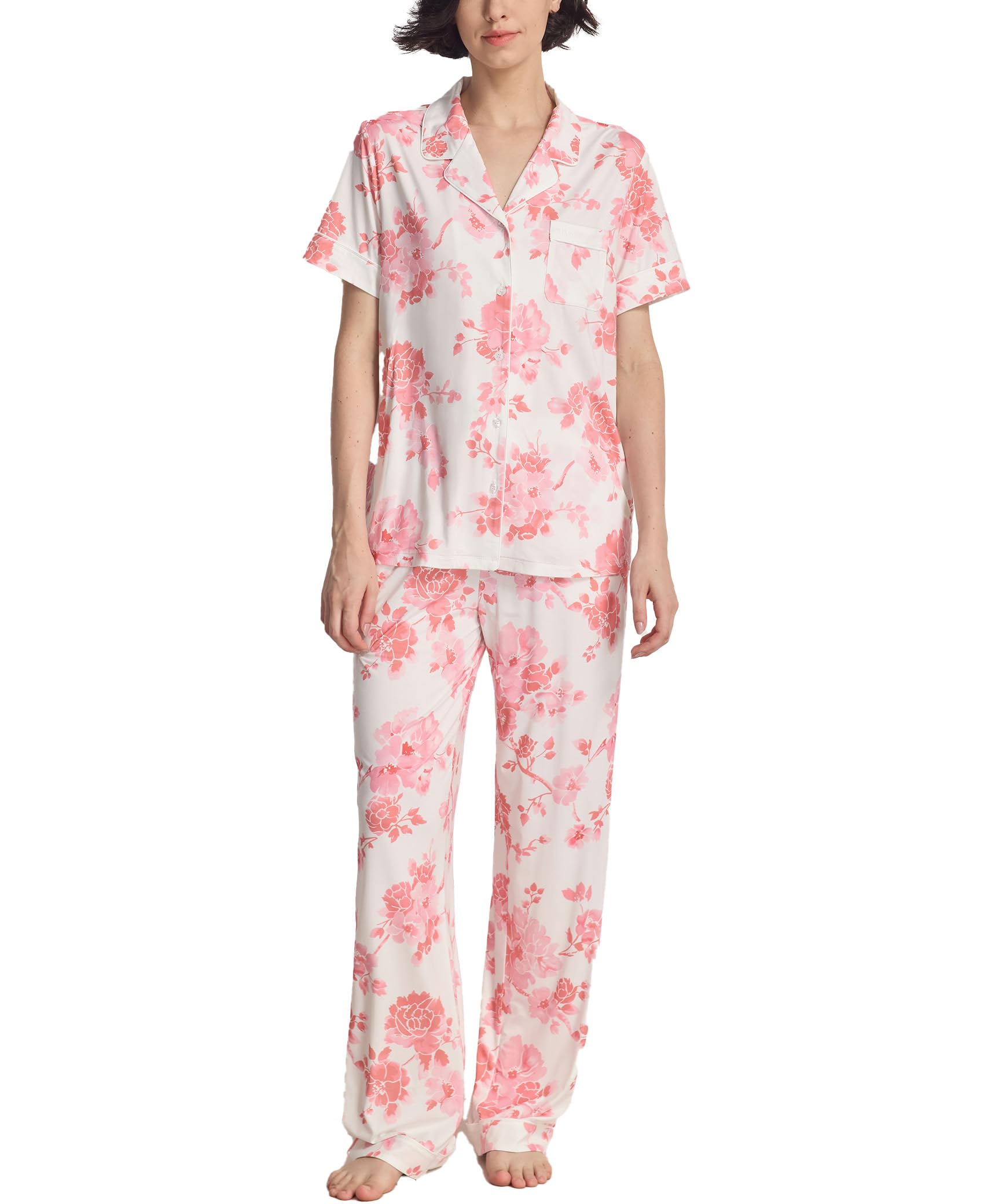 GYS Women's Pajama Set Bamboo Viscose Notch Collar Button Down Short Sleeve Top with Pants 2 Piece Sleepwear