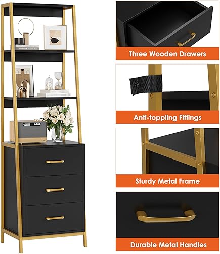 Miniatura 6 de HITHOS Estantería de escalera de 4 niveles en negro y dorado, estantería alta con 3 cajones de madera, organizador moderno de almacenamiento para