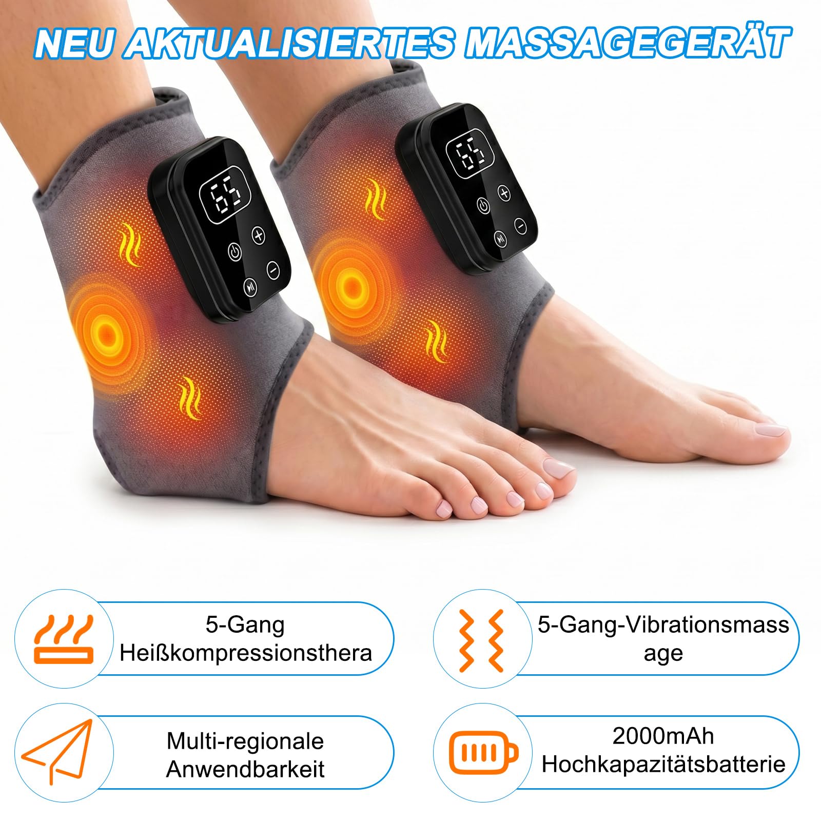 Fussmassagegerät,kabelloses elektrisches Fußmassagegerät für Schmerzlinderung & Durchblutung,3-in-1 Triple Therapy Foot Massager mit 2000mAh Akku,6 Heizstufen bis 65°C,Gesundheit Geschenk,2 Stück grau