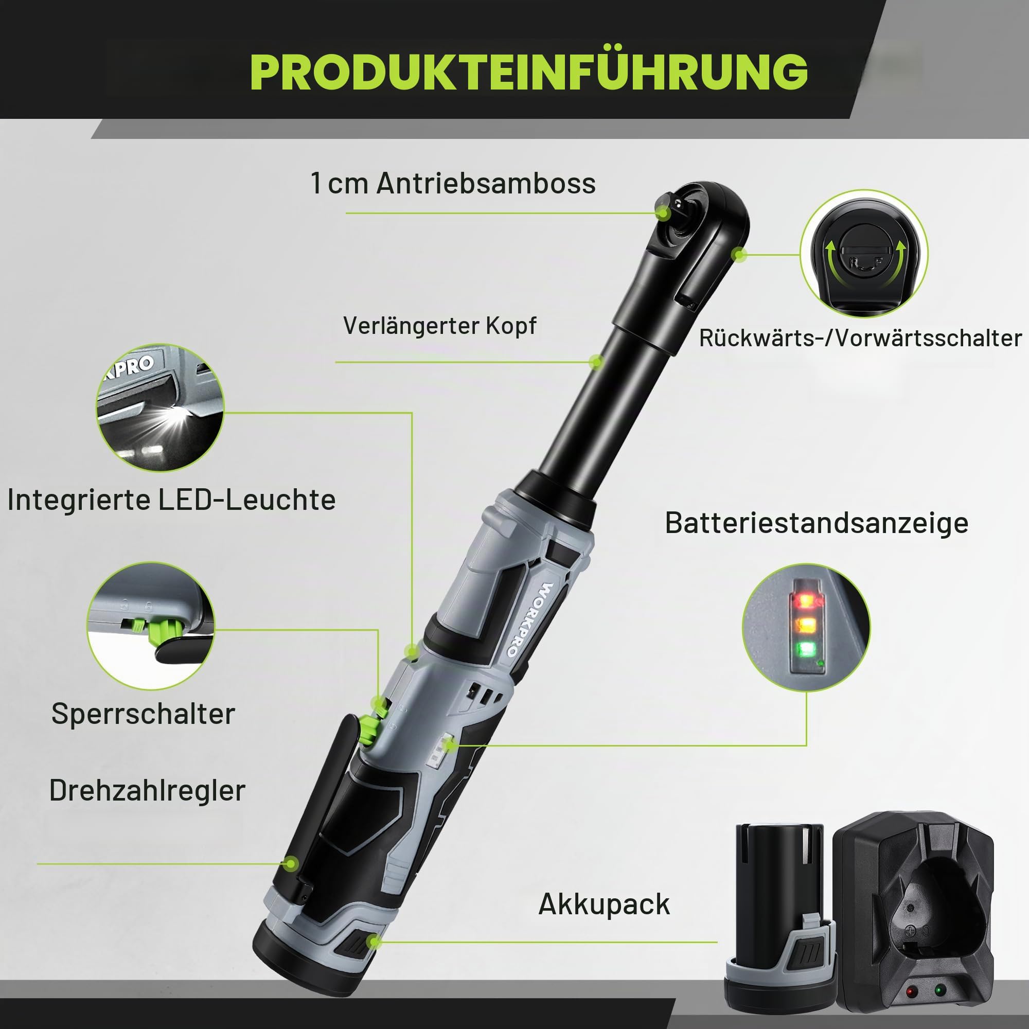 WORKPRO Akku Ratschenschlüssel 55 Nm Elektrische Ratschenschlüssel Set 12V Akku Ratsche 3/8" Kabellose Ratsche mit 2 x 2,0 Ah Akku, LED-Licht, inkl. 10 Stecknüsse, Aufbewahrungstasche, Ladegerät