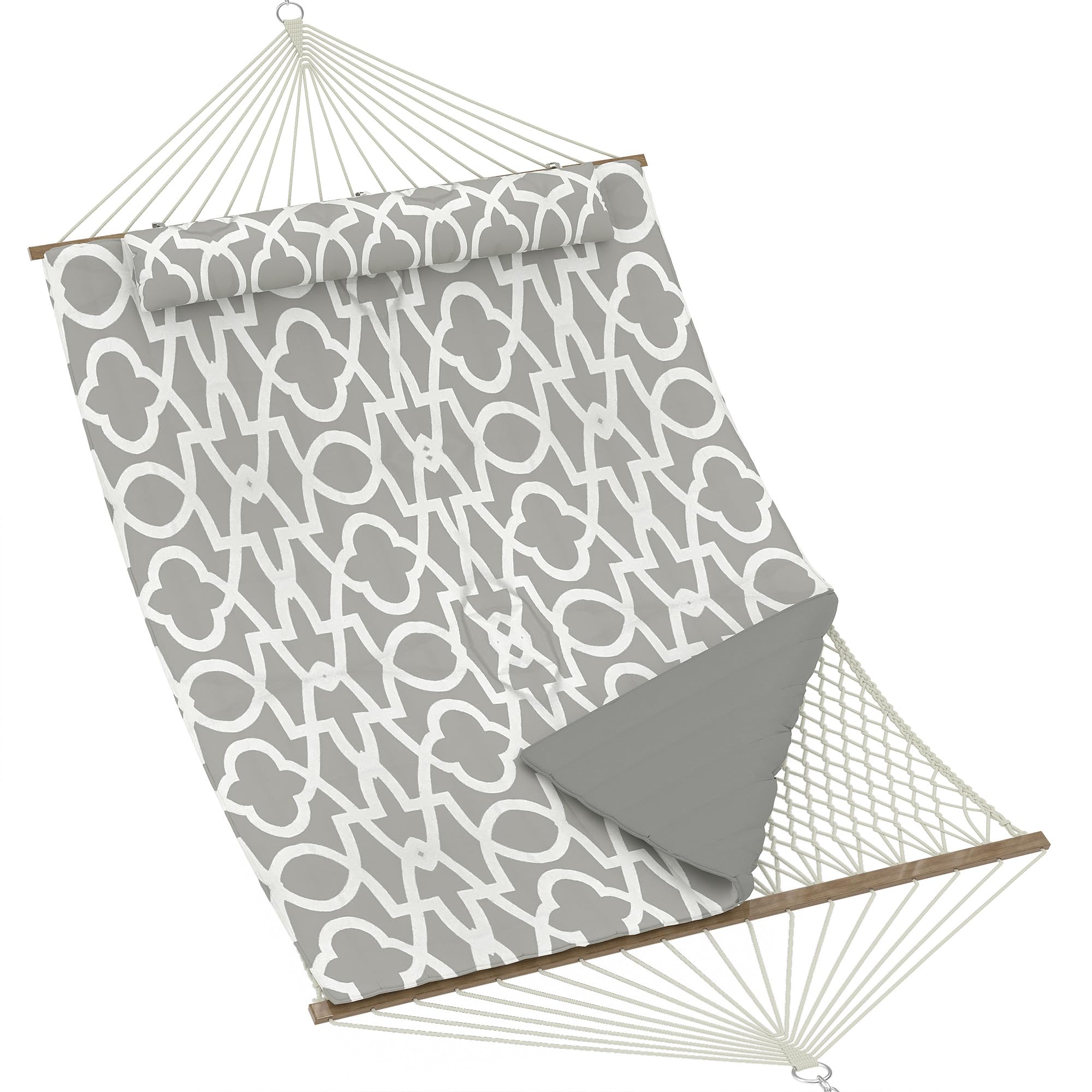 Double Quilted Hammock for 2 Persons with Wooden Spreader Bar – Removable Pillow – Side Storage Pockets & Carabiners – 450lbs Capacity – Freestanding Patio Swing Bed – Light Gray Stripe, 350cm