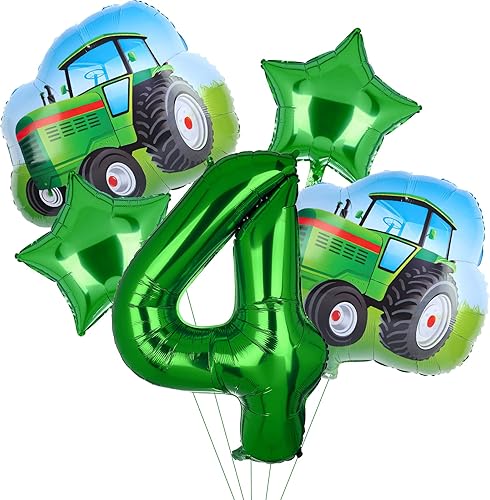 5 globos de tractor, color verde, número de cumpleaños de mylar, temática de granja, suministros de fiesta de 4 cumpleaños (4)
