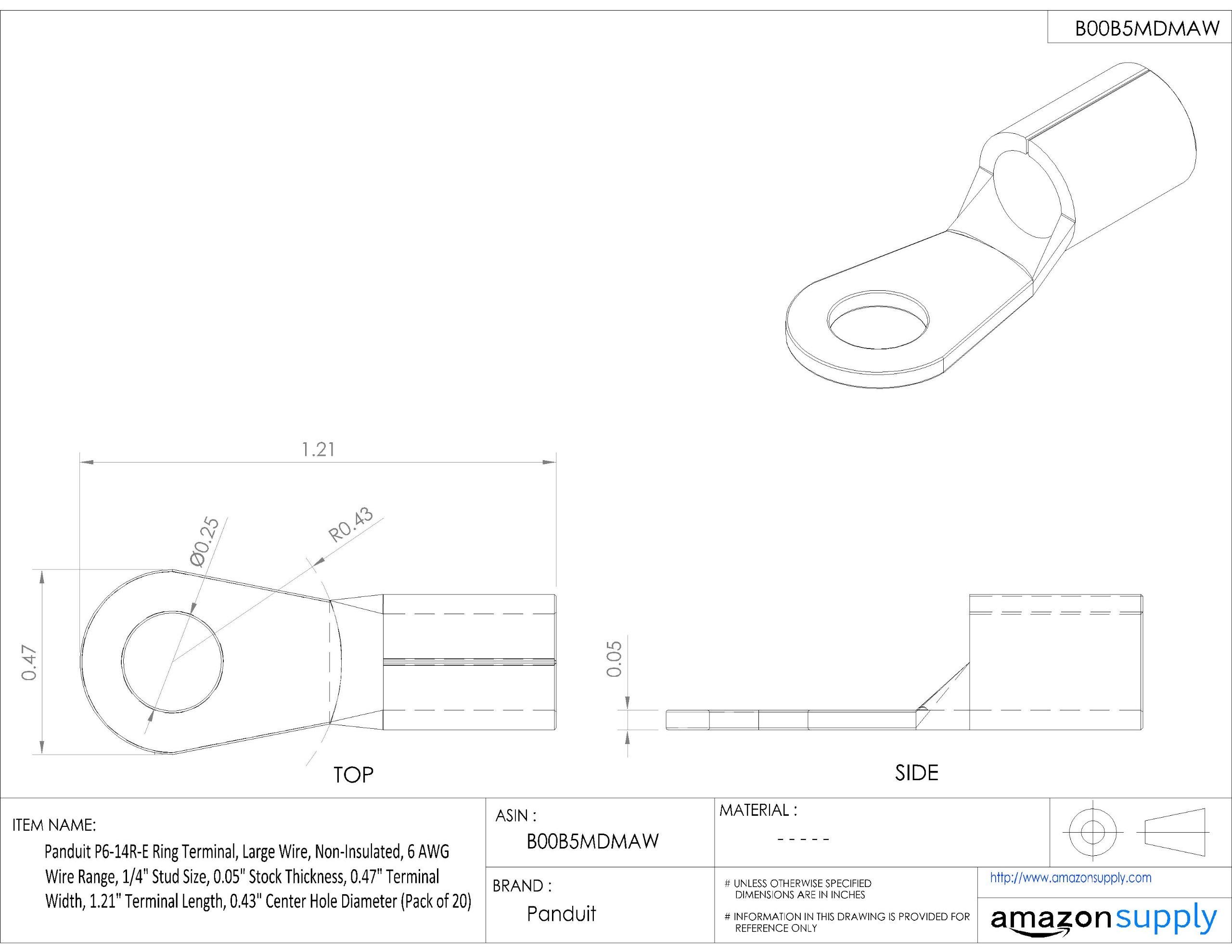 Panduit P6-14R-E Ring Terminal, Large Wire, 6 AWG, 1/4-Inch Stud Size, Non-Insulated (20-Pack)
