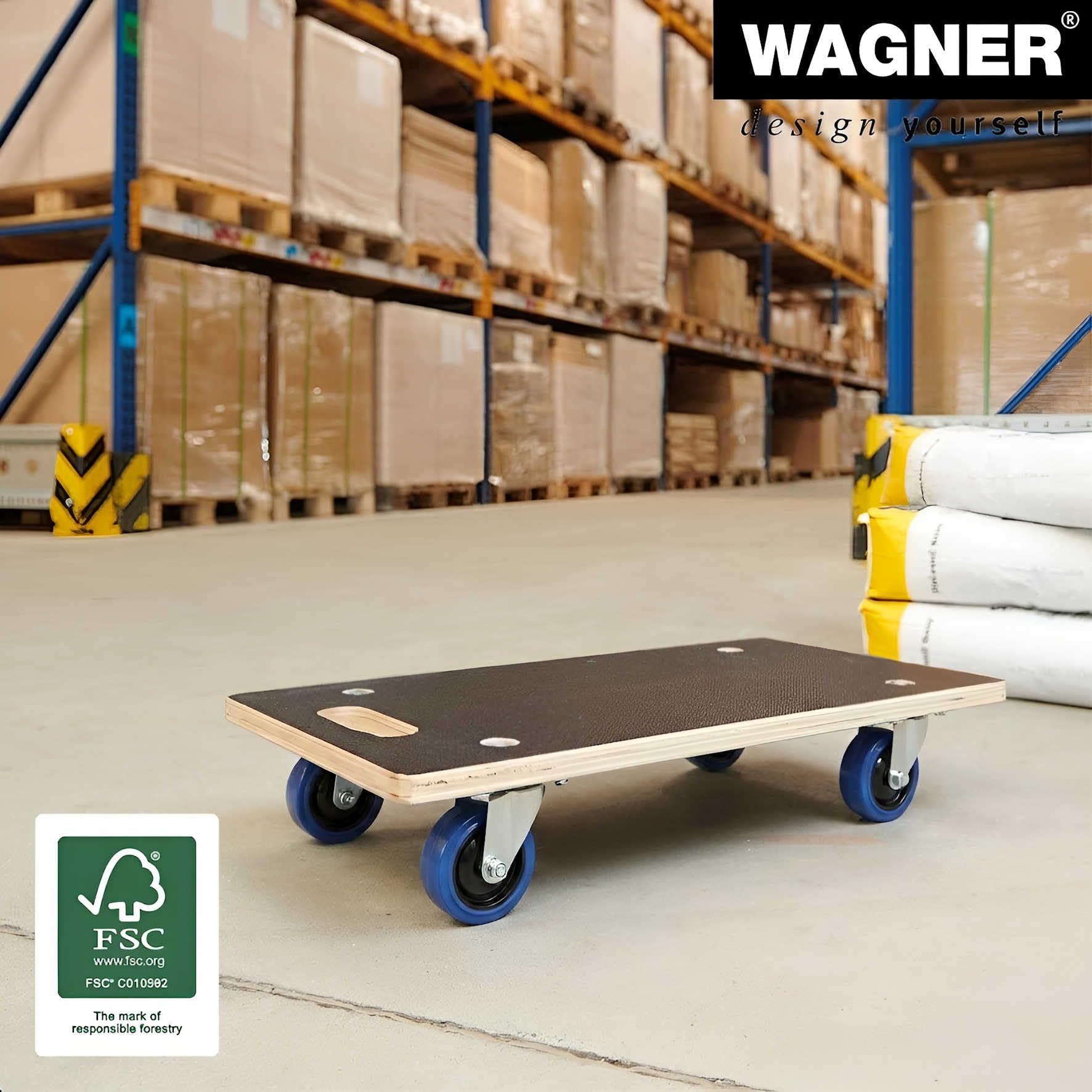 WAGNER Transportroller Transporthilfe 1621 I FSC® Birke Multiplex Maxigrip I 57,5 x 29 x 11 cm, Tragkraft 400 kg I Schwerlastrollbrett I Möbelroller I Umzugsroller Soft-Rollen Kugellager I Made in DE