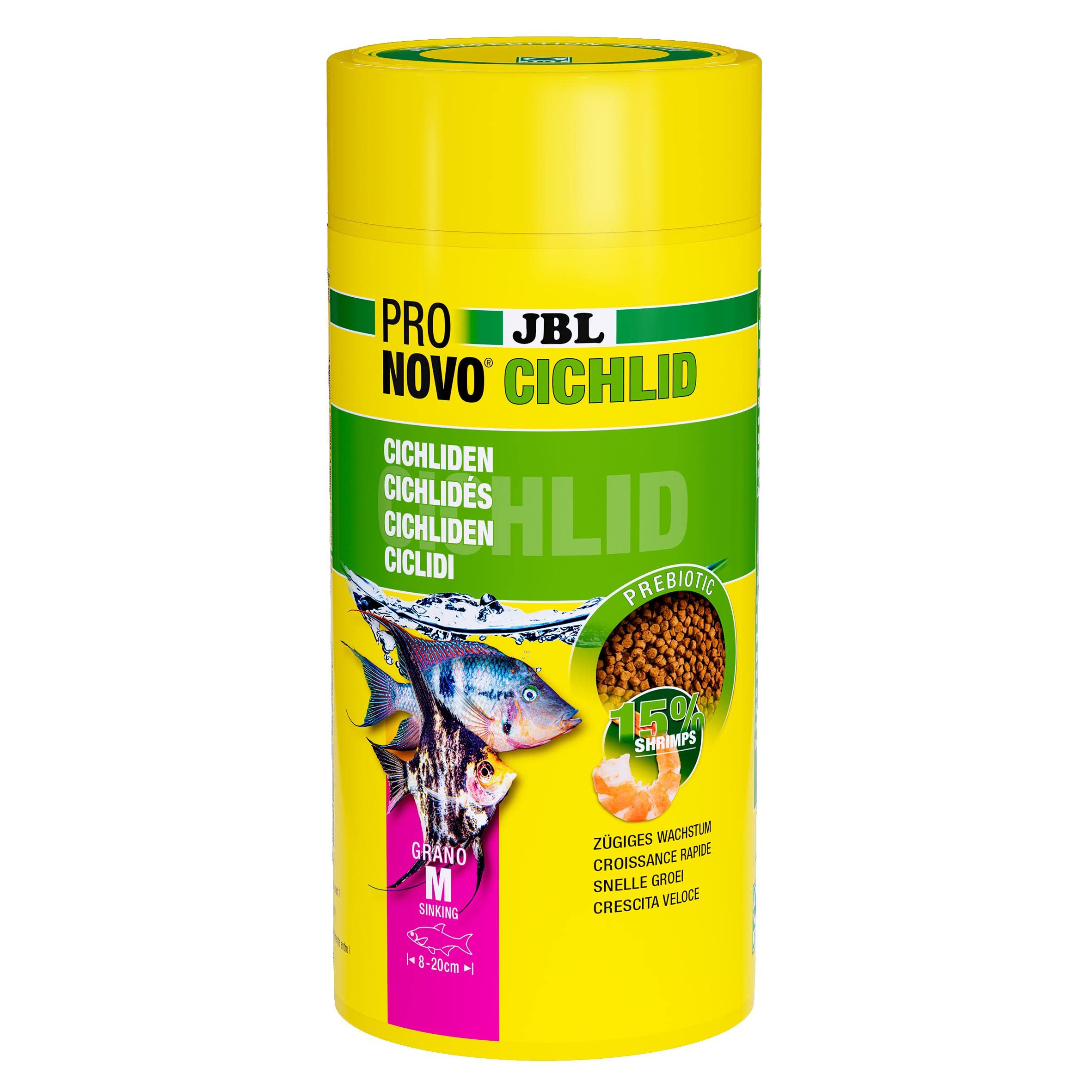 JBL PRONOVO CICHLID GRANO, primary food for cichlids from 8-20 cm, click dispenser, fish feed pellets, size M, 1000 ml