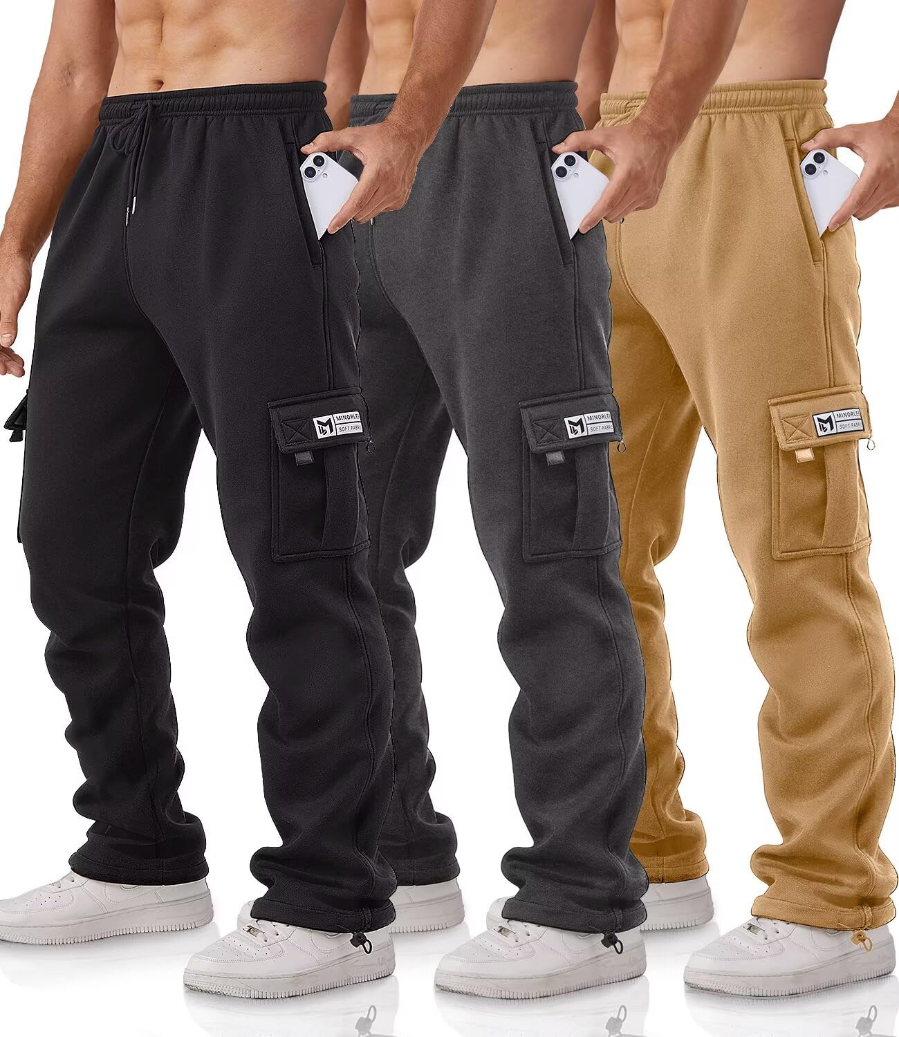 Minorlee 3 Pack Mens Cargo Joggers Relaxed Fit Mens Joggers Bottoms with Pockets, Tracksuit Bottoms Men Cargo Trousers Fleece Sweatpants Hiking Tactical Workout Pants