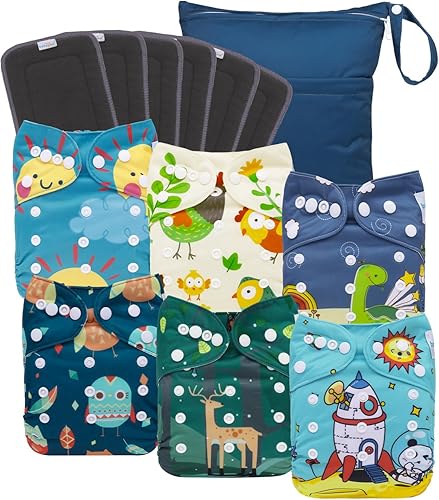 babygoal Pañales de tela de carbón reutilizables con refuerzos dobles, paquete de 6 pañales lavables de bolsillo para bebé con 6 insertos de carbón