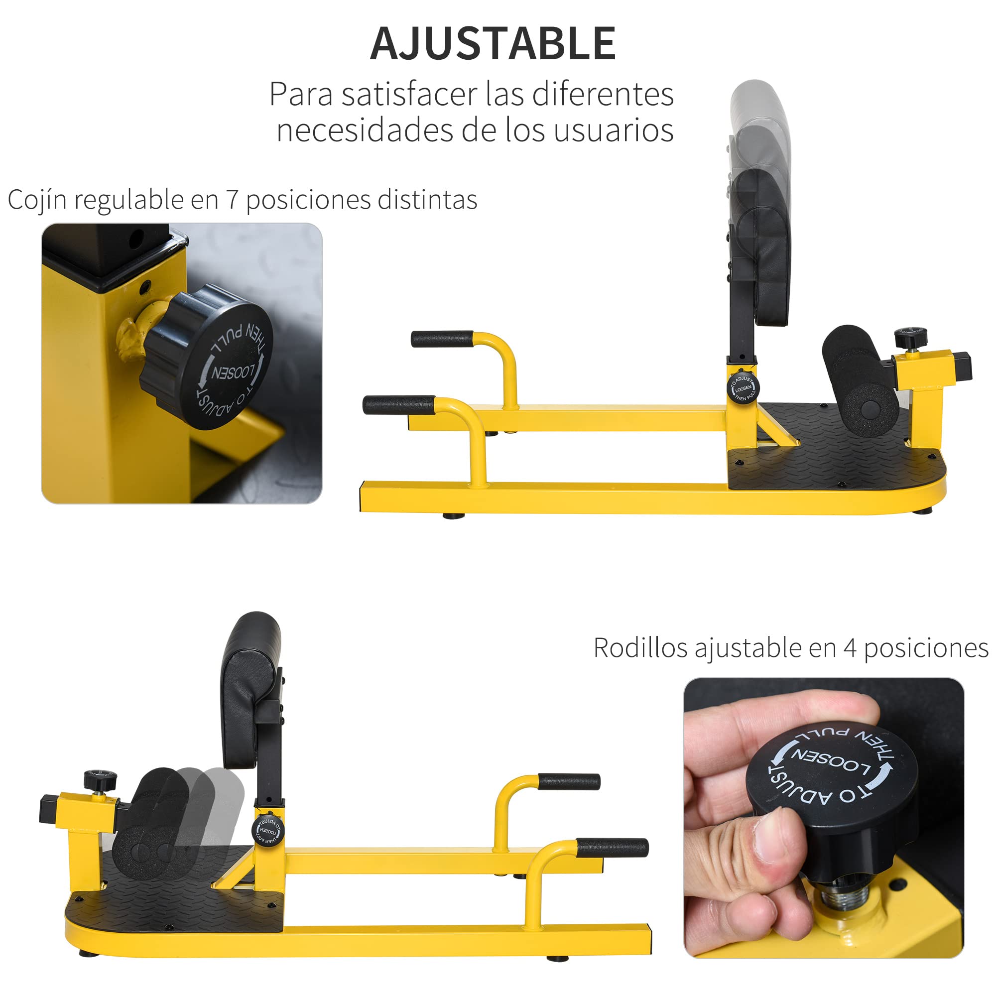 HOMCOM 3-en-1 Máquina Equipo de Sentadilla Ejercicios Abdominales Amarillo | Tablero Supino Multifuncional, Máquina de Piernas, Ayuda en Cuclillas