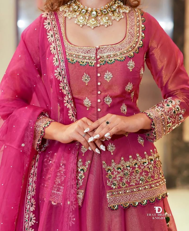 Image of Suppar Sleave Women's Chanderi Silk Embroidered Kurta Set with Lehenga Style Bottom & Dupatta | Bollywood Style Embroidery lehenga Choli Set For Woman