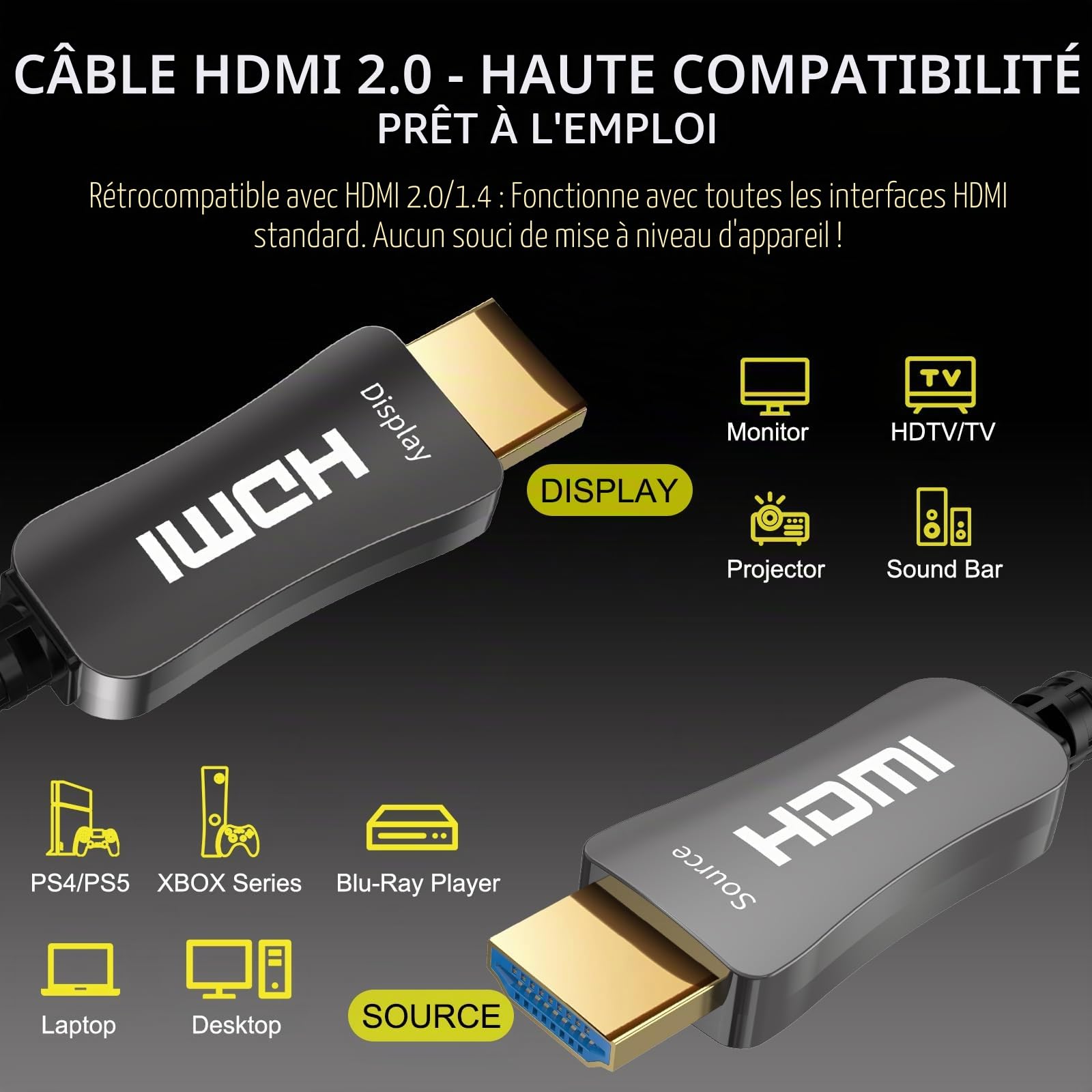50m Câble HDMI fibre optique 4K@60Hz – Câble HDMI optique haute vitesse, 18 Gbps, YUV 4:4:4, HDR, sans perte, connecteurs en alliage de zinc – Idéal pour projecteur, gaming et conférence