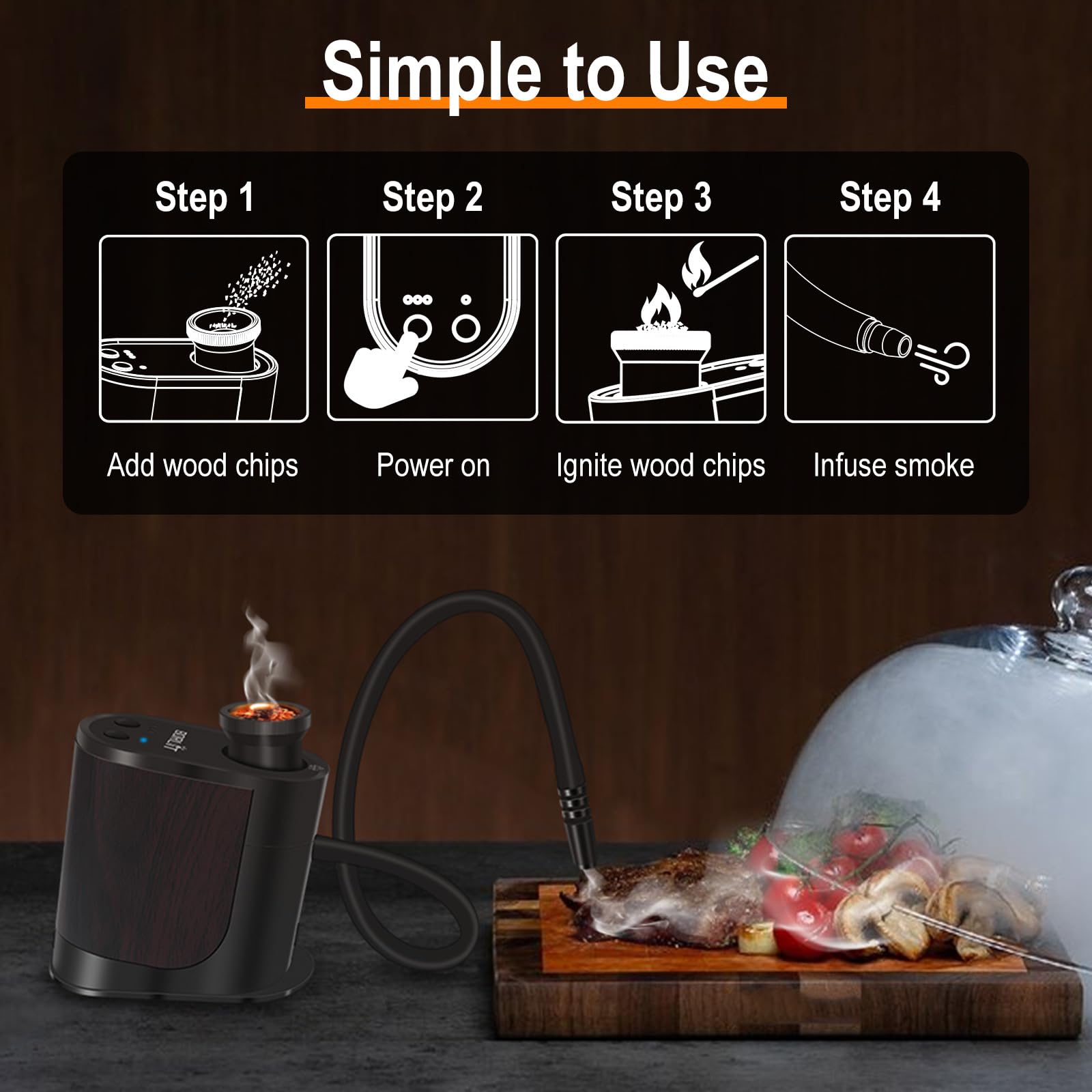 BORUiT BQ500 Pistola para Fumar, Fumador de Comida, con 4 Paquetes de Virutas de Madera, Pistola de Humo de Aleación de Aluminio para Cocina, Carne, Salmón, Cócteles, Queso, Barbacoa