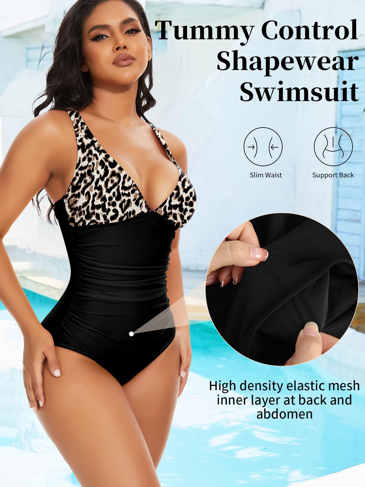 SHAPERIN Maillots Une Pièce Femme Ventre Plat Sexy Maillot de Bain Push Up Col V Profond Ruched Amincissante Beachwear Monokini
