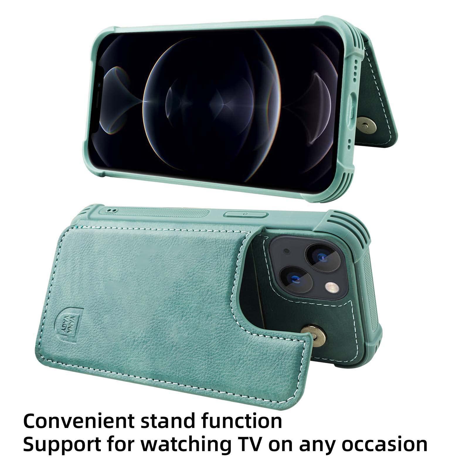VANAVAGY Compatible for iPhone 13 Wallet Case for Women and Men,Leather Flip Folio Phone Cover Fits Magnetic Car Mount with Credit Card Holder,Forest Green