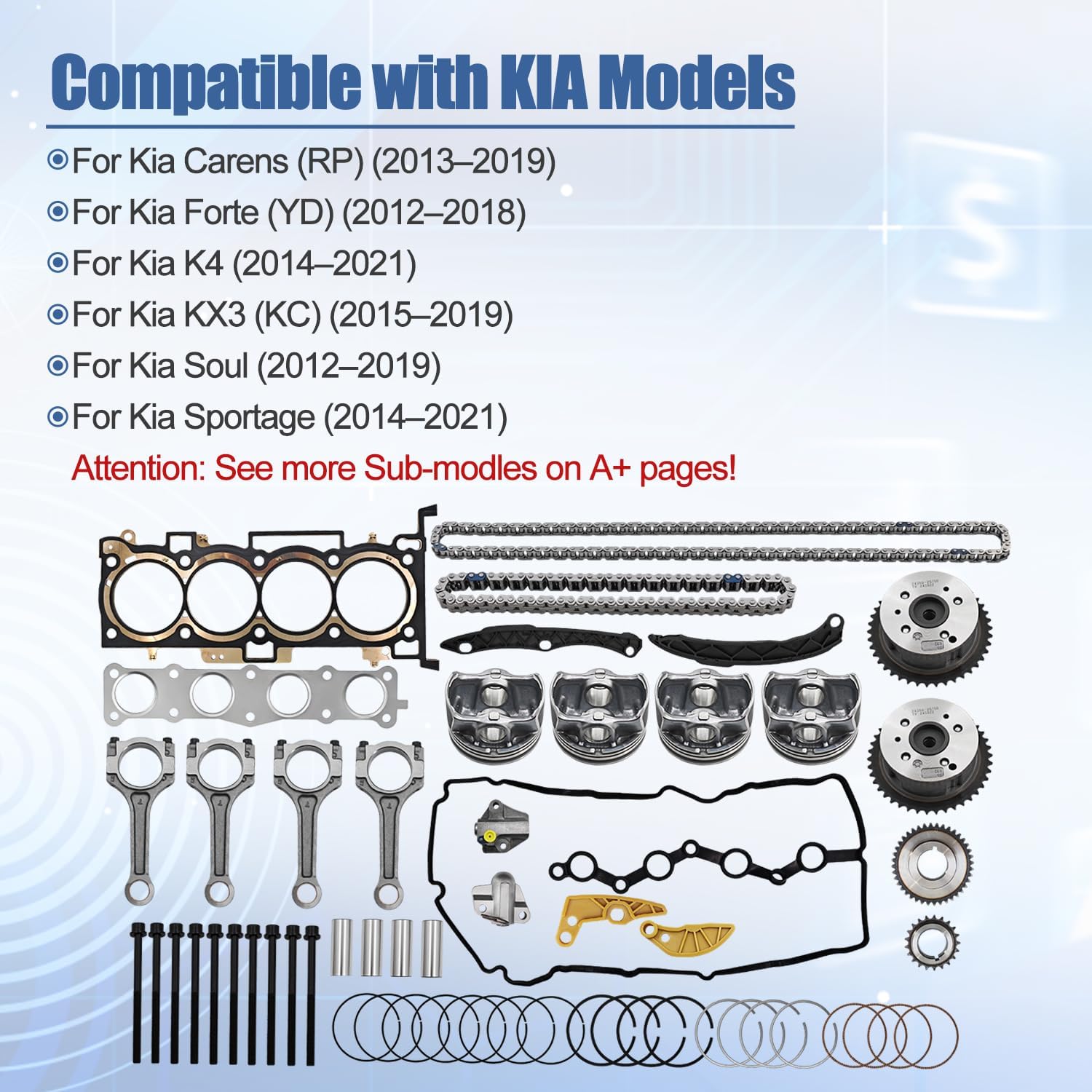 G4KH 2.0L Engine Rebuild Overhaul Kit for Hyundai Elantra Sonata Tucson & KIA Forte Soul Sportage 2011–2022 – Includes Timing Chain, Crankshaft & Connecting Rods