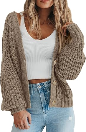 Womens Chunky Cardigan Sweaters Knit Open Front Sweater V Neck Long Sleeve Button Down Cardigan Outerwear Coats