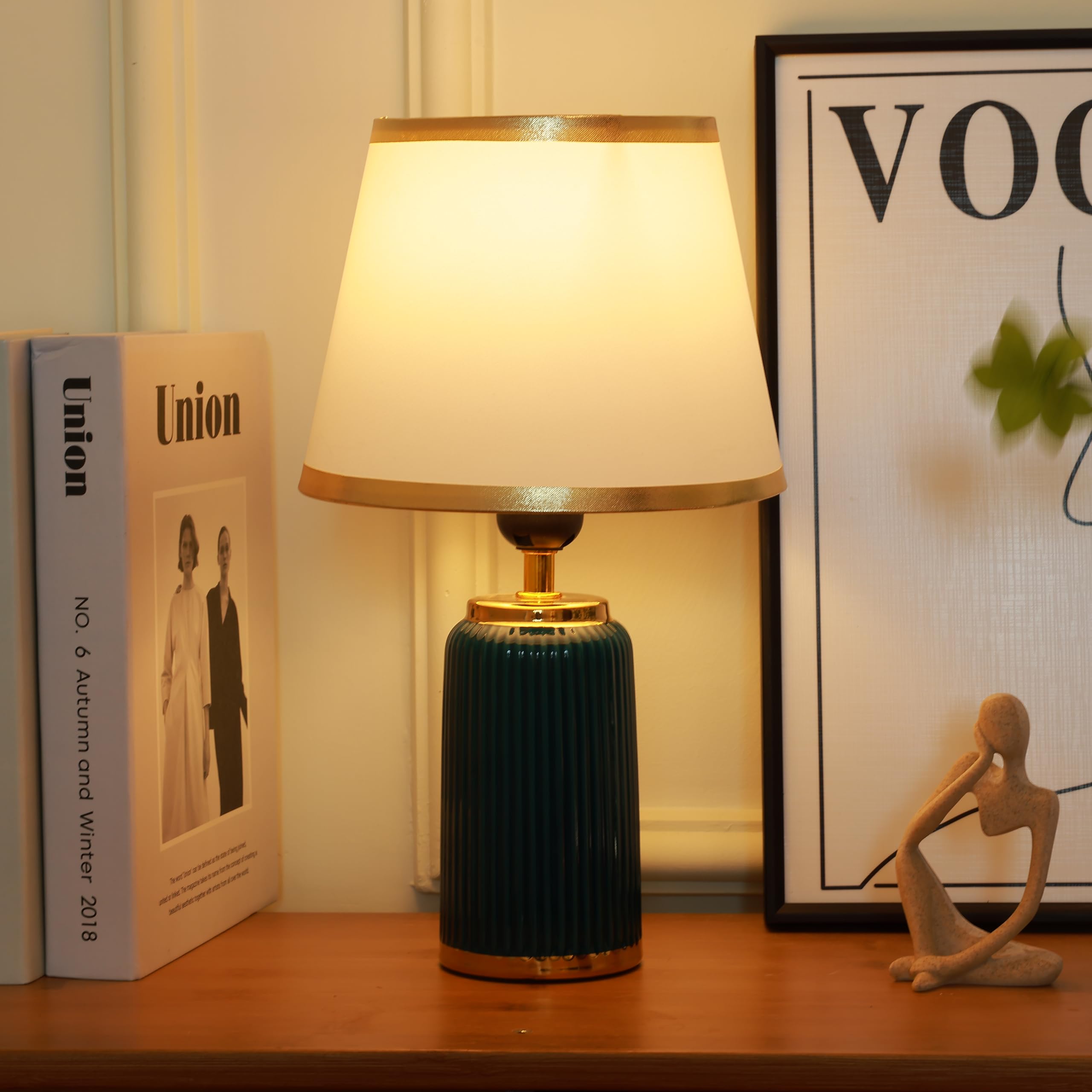 HOME ELEMENTS Modern Ceramic Table Lamp, Decorative Bedside Night Light with Fabric Shade for Bedroom Living Room, Home Decor Items, Study Lamp, Reading Desk lamp, Nightstand Lamp 20x34cm (Green.)-image-2