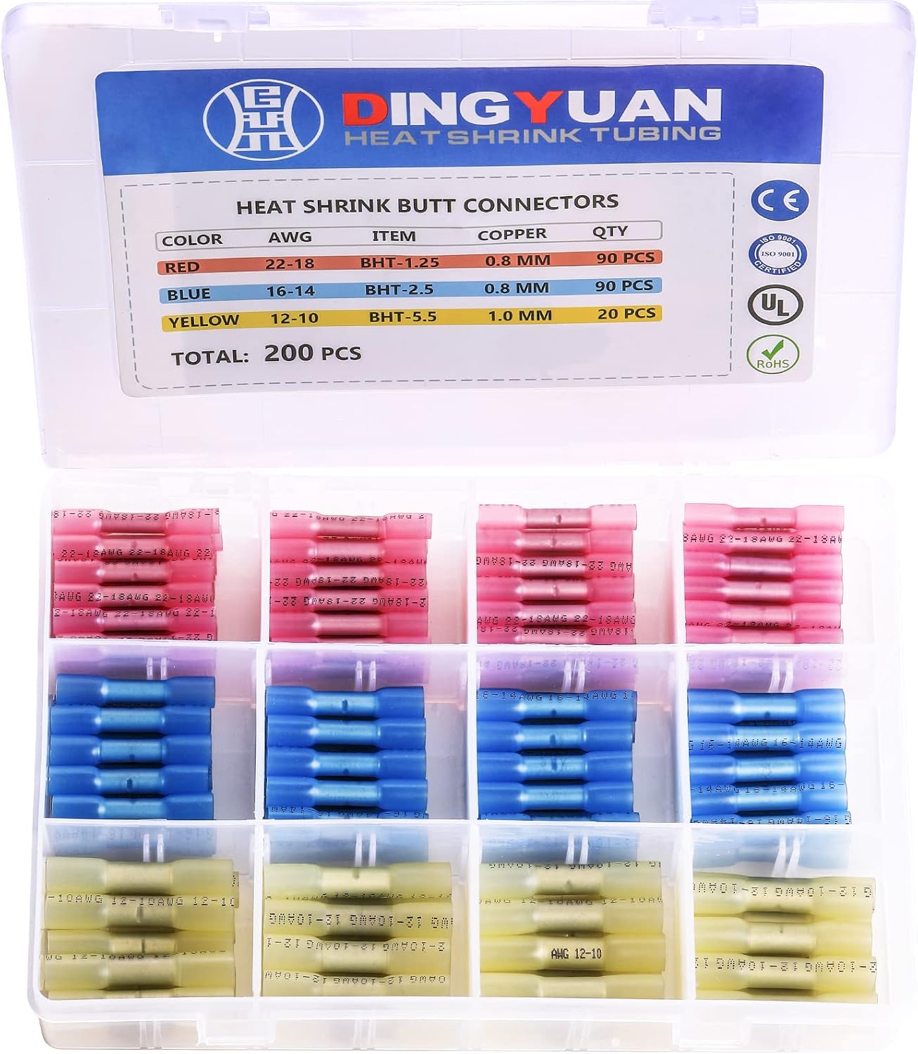 DINGYUAN 200pcs Butt Connectors Heat Shrink，Waterproof Automotive Grade Marine Marine Wiring Connectors, Crimp Butt Splice Terminal Kit, 10-22 AWG Electrical Terminals Kit(3 Colors 3 Sizes)
