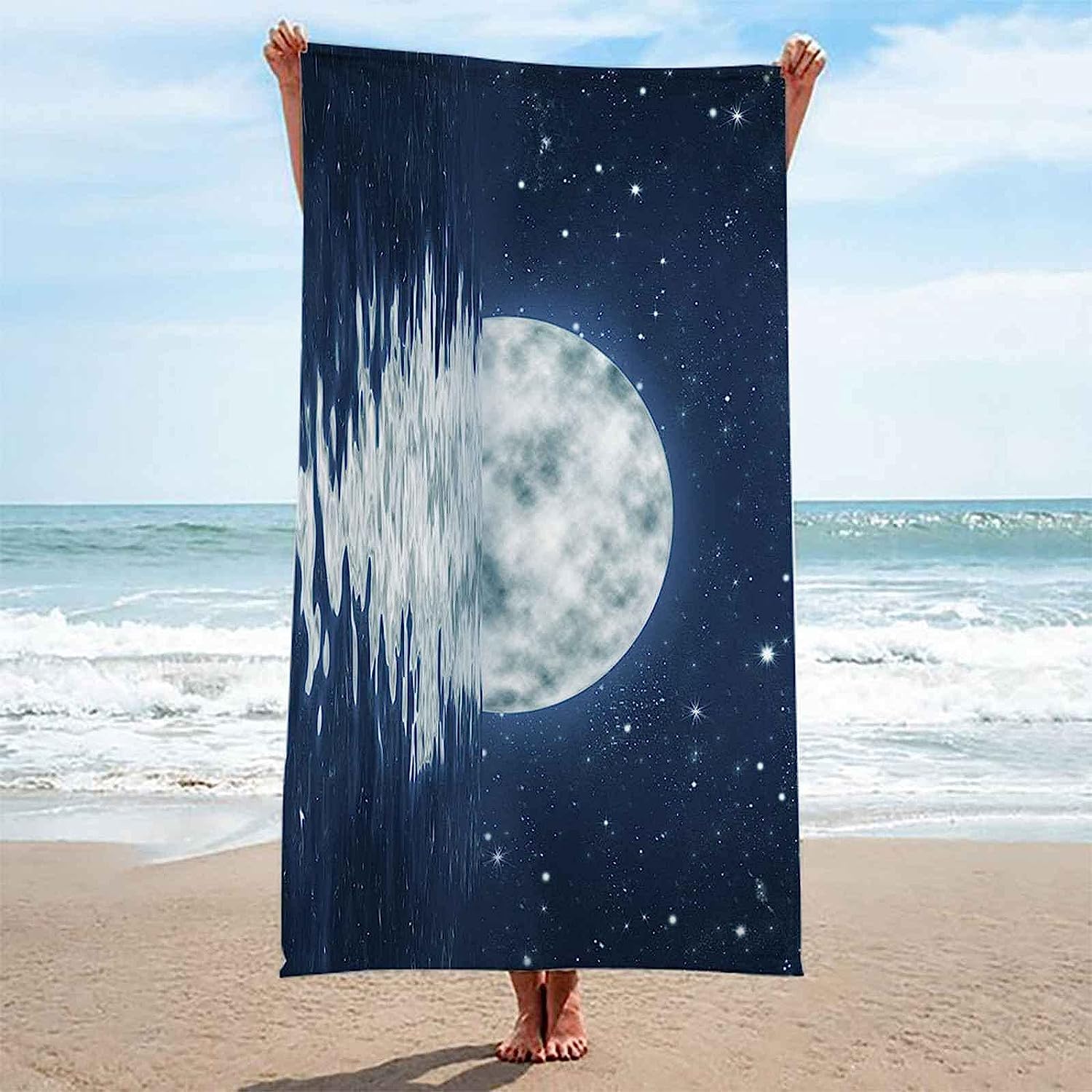 Serviette De Plage Lune Reflétée dans La Mer Serviette De Bain Enfant Adulte Drap De Plage Doux Microfibre Absorbant Idéal pour Voyage Plage Piscine Sport Drap De Plage 200 X 200 Cm -8Y3S+N7S