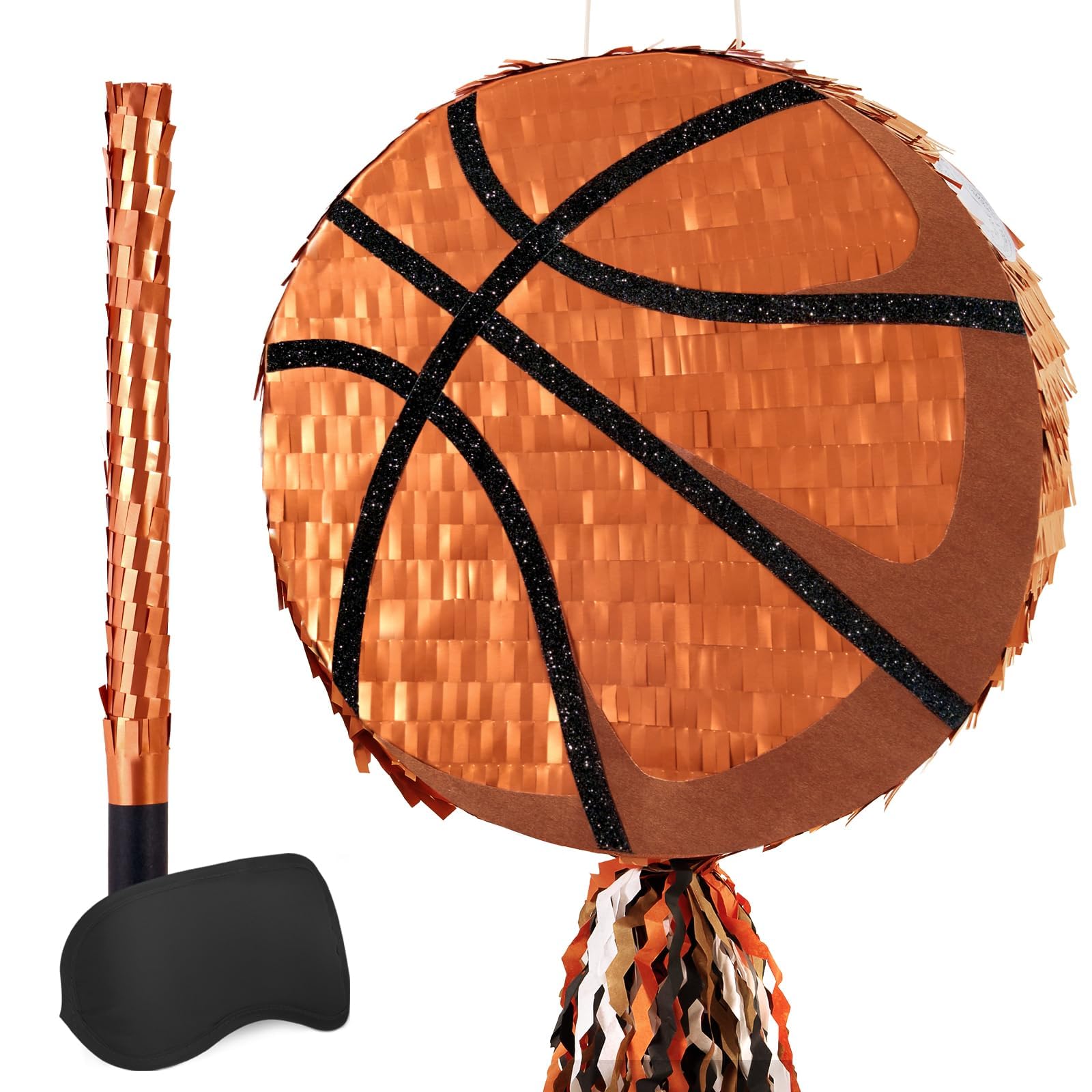 WERNNSAI Piñata de baloncesto – Piñata de baloncesto para decoración de cumpleaños de niños, deporte, pelota de baloncesto, piñata con palo, venda para los ojos, deportista, decoración para fiesta de