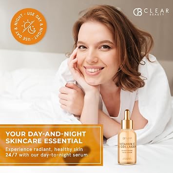 Clear Beauty Vitamin C Serum For Face with Collagen Dermatologist Tested, Anti Aging, Korean Skin Care Hydrates, Firms, Targets Dark Spots & Supports Skin Barrier Vegan, Clean Beauty, 1.69 Fl Oz