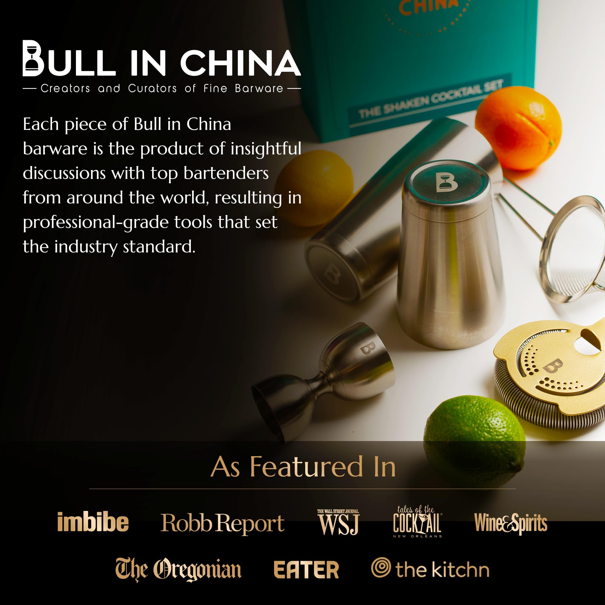 Bull in China Kit de coctelera de alta calidad: da rienda suelta a tu camarero interior. El juego de bar incluye coctelera Boston con peso de acero inoxidable, medidor de campana martillada, colador