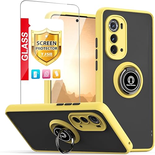 TJS Funda compatible con Motorola Moto Edge 2022, con protector de pantalla de vidrio templado, anillo de metal, soporte magnético para teléfono