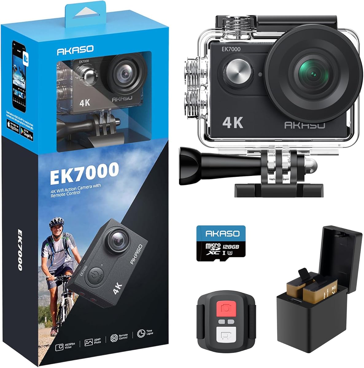 AKASO EK7000 4K30FPS Action Camera with 128GB microSDXC Memory Card - 20MP Ultra HD 170 Degree Wide Angle Waterproof Underwater Camera with Accessory Kit