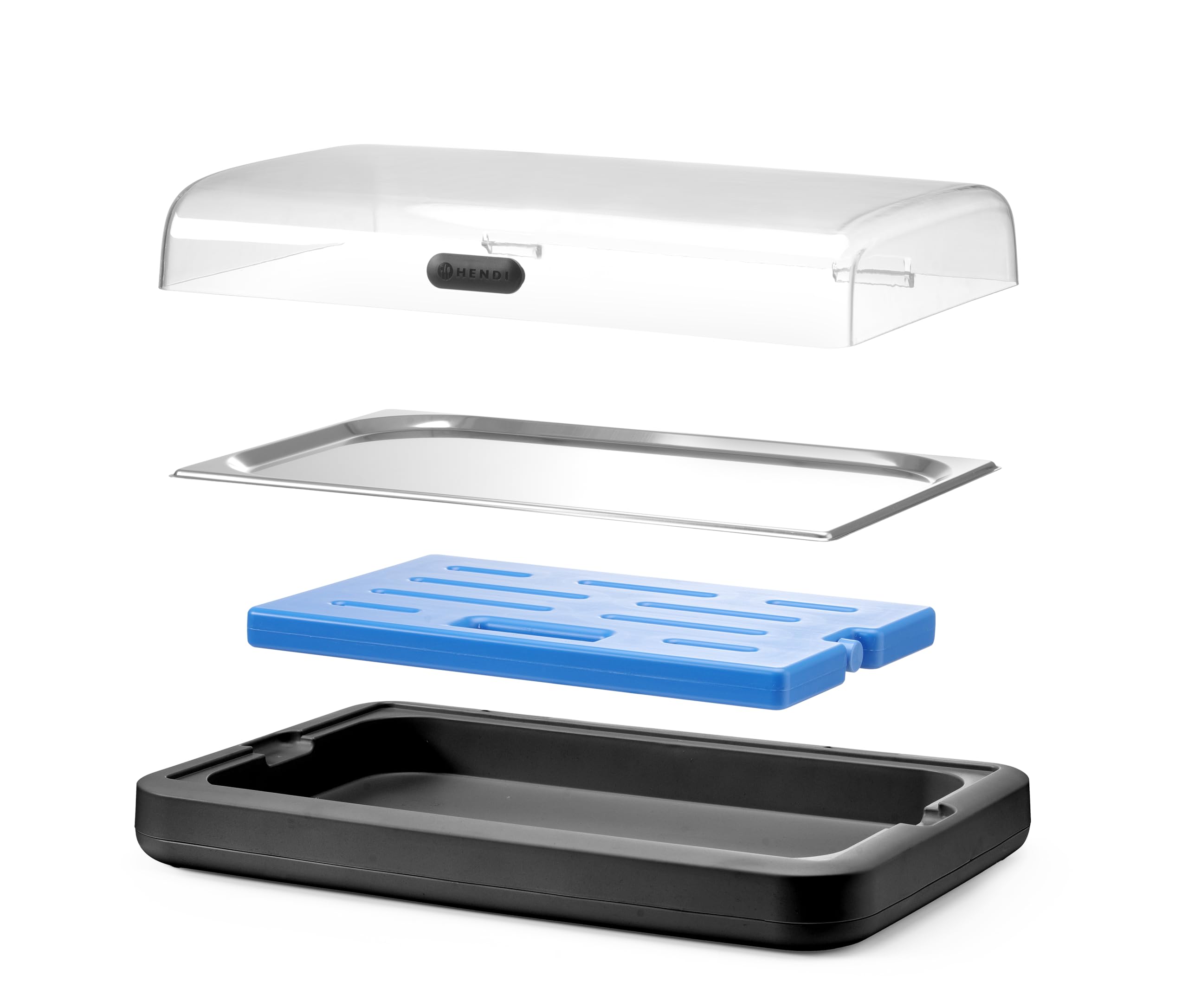 HENDI Vetrina refrigerata UNIQ con coperchio ribaltabile in ABS, set con vassoio in acciaio inox GN 1/1, elemento refrigerante, 593x389x(H)147mm, polipropilene, nero