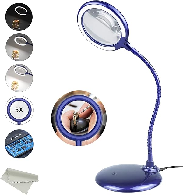 Rechargeable 5x Magnifying Dimmable Lamp,Hands Free Magnifying Glass with Light and Stand ,Magnifiers with 28 LED Lights for Senior, Low Vision, Hobbies, Crafts
