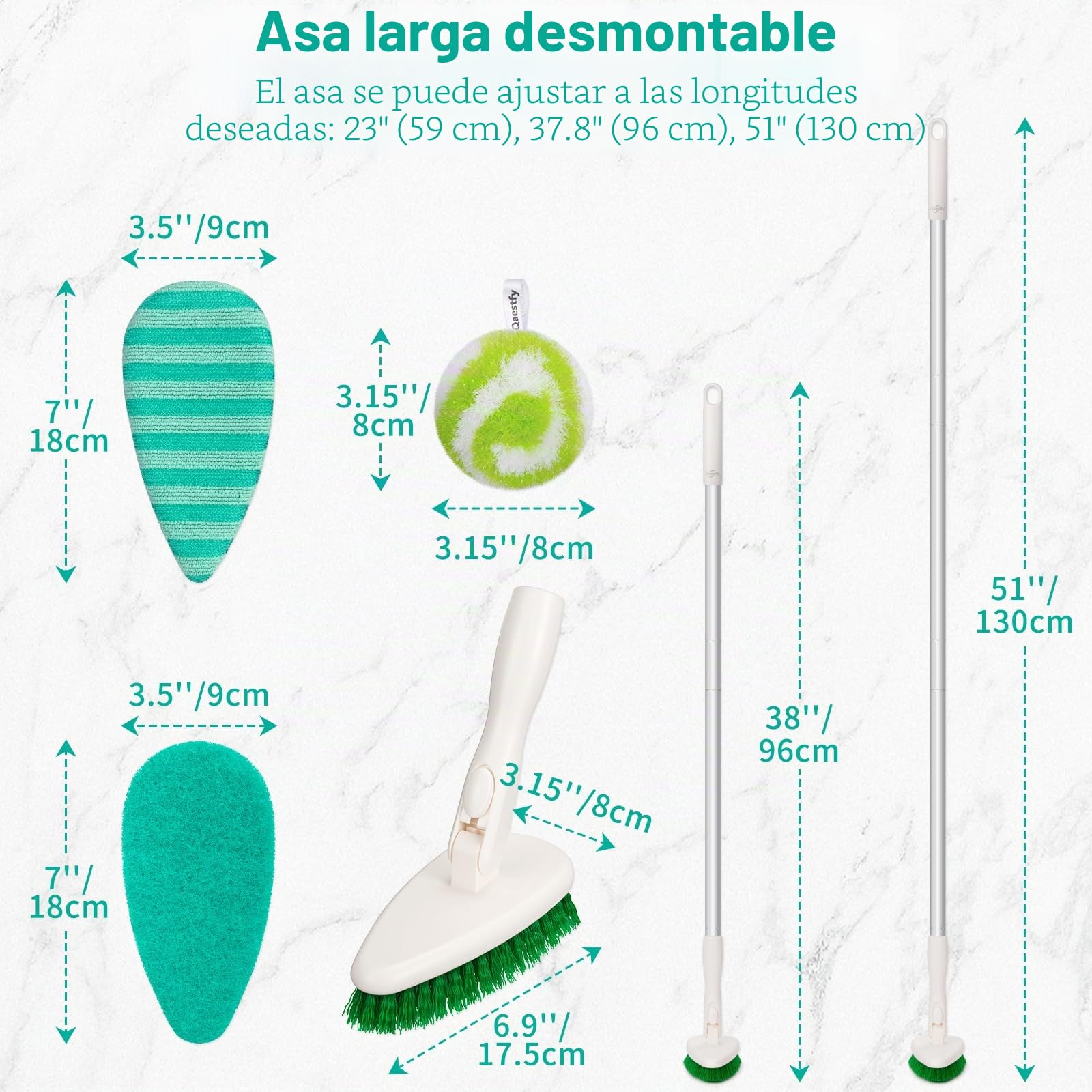 Qaestfy 4 en 1 Cepillo de Limpieza de Ducha y Estropajo Combinado con Mango Largo Desmontable de 130cm para bañera y Azulejos de Ducha, Cepillo Limpia