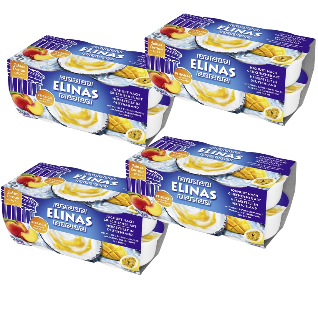 Elinas Joghurt nach griechischer Art – Pfirsich-Mango-Maracuja – 4 x 150 g – 4er Pack – Cremiger Fruchtjoghurt