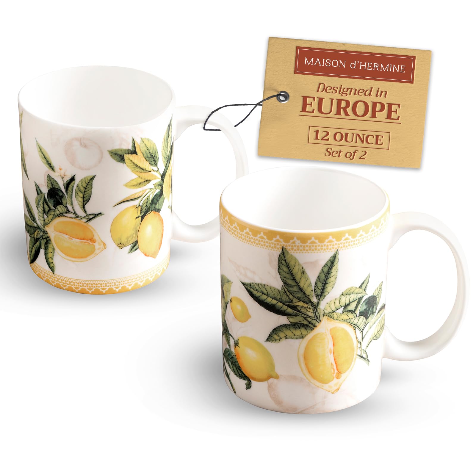 Maison d' Hermine Coffee Mug with Handles Fine Bone China Mugs Pack of Two Tea Cups for Hot Beverages Cappuccino Latte Home Restaurant Office Perfect for Gift (Limoncello, 12 Ounce)