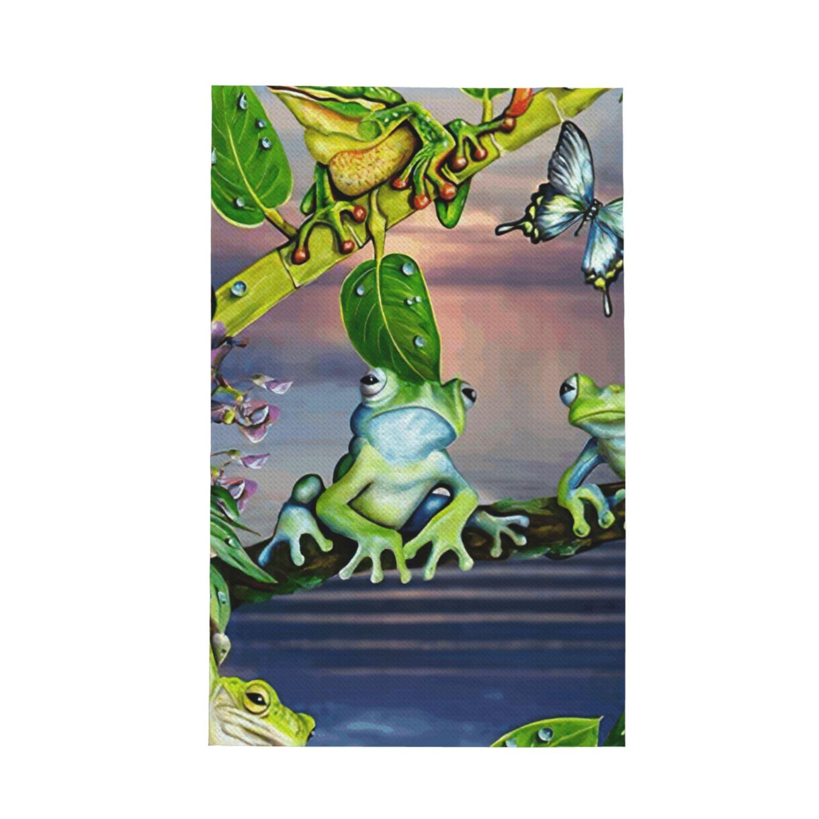 CKGODGF Many Frogs Sing On The Branches Summer Butterflies Lake Water Print Absorbent Waffle Dishcloths,Kitchen Towels With Hanging Loops,Tea Towels.