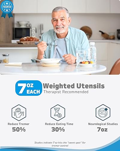 Miniatura 2 de Utensilios adaptativos (juego de cocina de 4 piezas) con peso de 7 onzas  Utensilios en ángulo de 42 para pacientes de Parkinson, temblores de