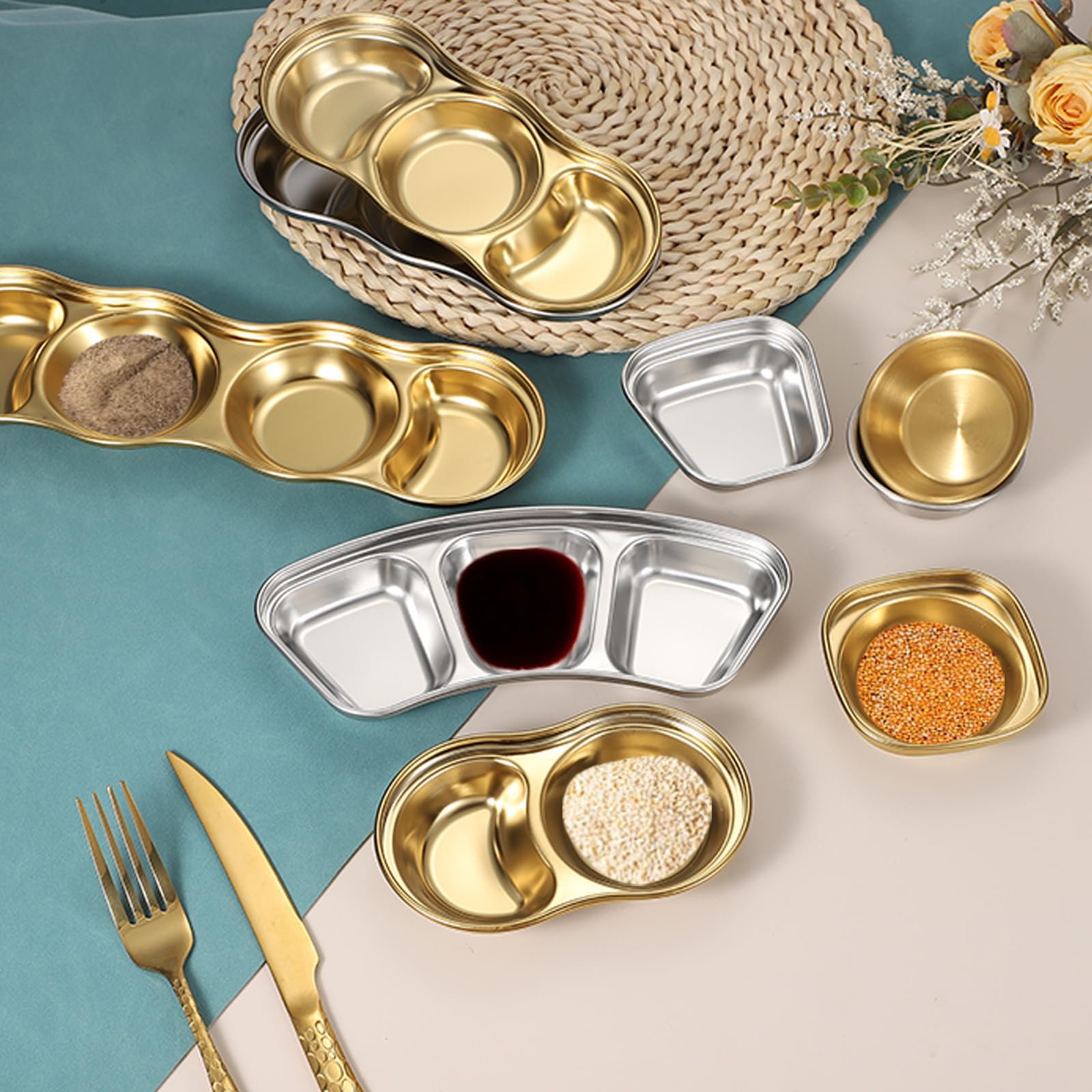 QUARKZMAN 2.8 Pulgadas Mini Salsera De Acero Inoxidable, 14 Piezas Tazones Redondos Para Condimentos Platos De Aperitivo Recipiente Para Salsas, Dorado