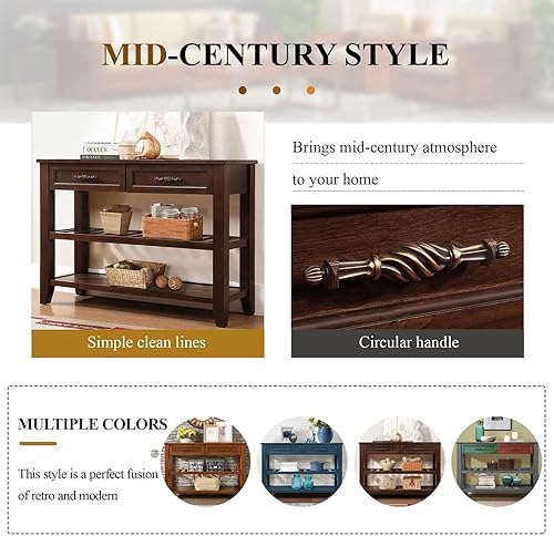 Miniatura 5 de Mesa consola de madera maciza de 42 pulgadas, mesa de sofá de madera de pino con cajones de almacenamiento y estantes, mesa de entrada retro para