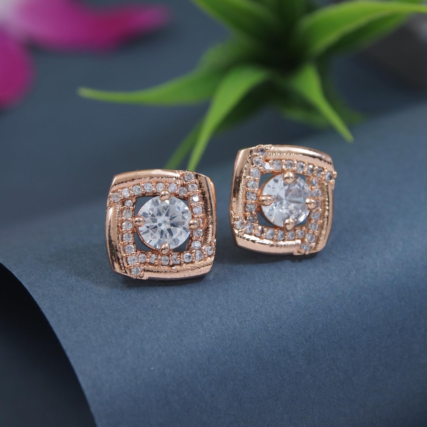 I Jewels Rose Gold Plated Cubic Zirconia and Diamond Fashionable Look Stud Earrings For Women (E3348RG)