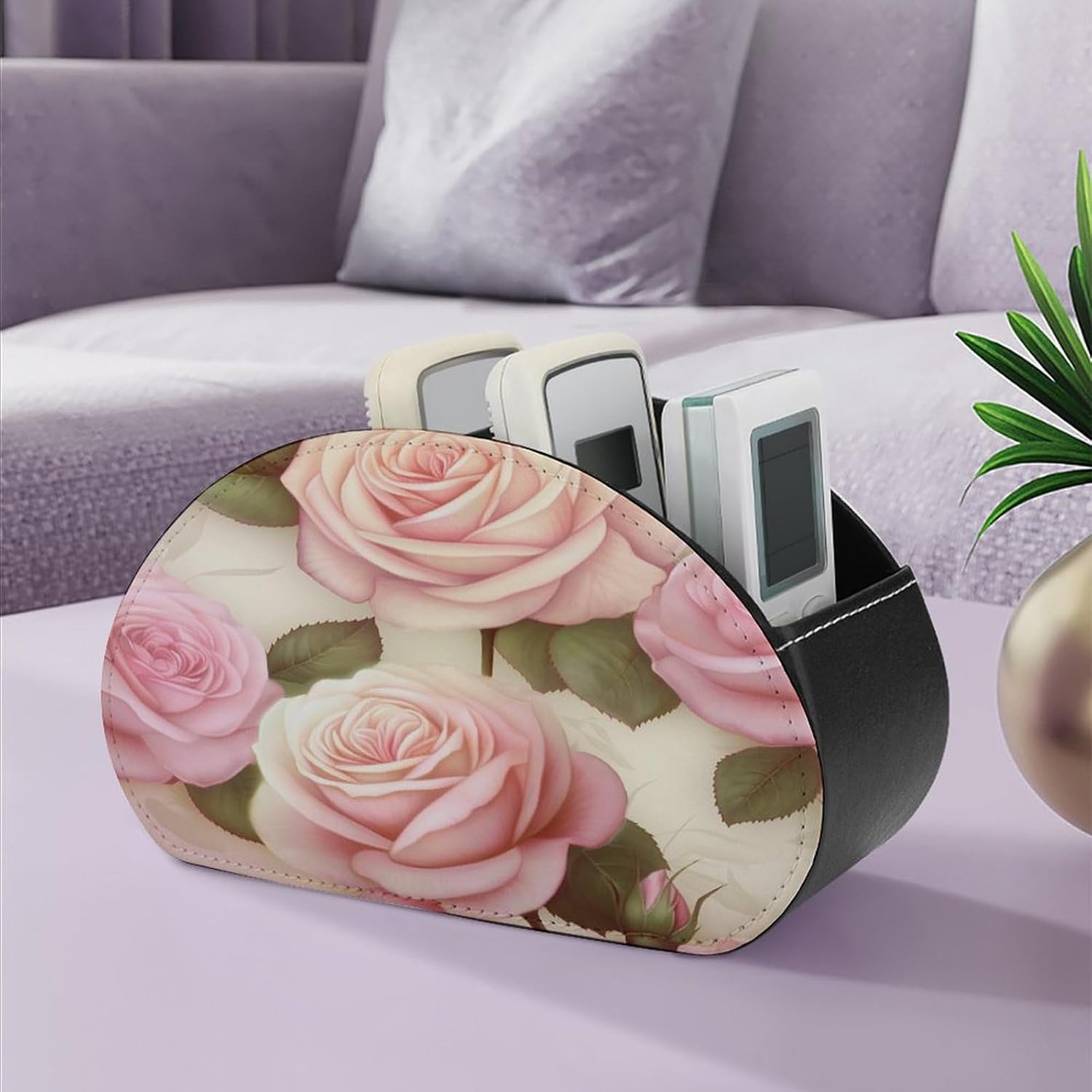 Leather Remote Control Holder Storage Container, WithBeauty Roses Printed Living Room Media Storage Organizer, with 5 Compartments for TV Remote Phone Caddy Eyeglasses image 5