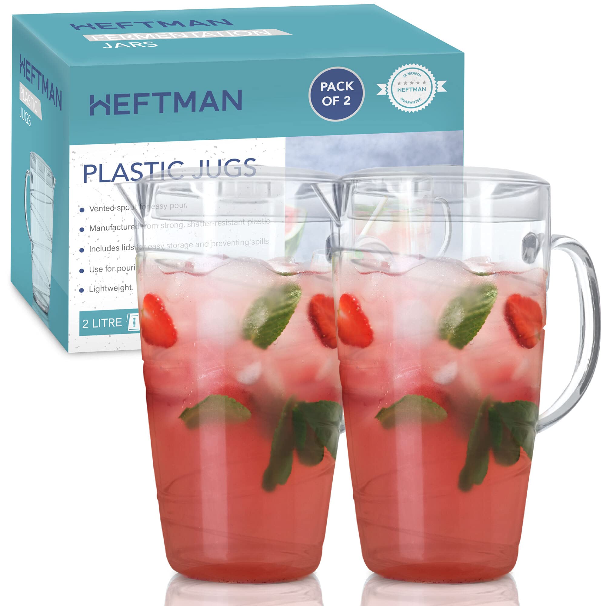 HEFTMAN 2 Plastic Pitchers 2L Cocktail Jugs with Lid & Vented Spout