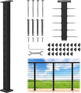 CKE 42" Level Drilled Cable Railing Post, Black Cable Railing Post (Post 41"x2"x2") for Deck Railing, Stainless Steel Flat Top Surface Level Line Post with Cable Grommets for Indoor Outdoor, LP02