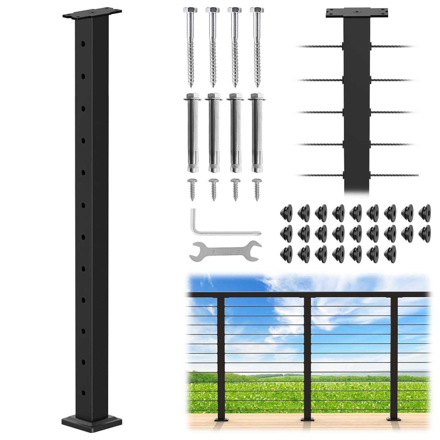 CKE 42" Level Drilled Cable Railing Post, Black Cable Railing Post (Post 41"x2"x2") for Deck Railing, Stainless Steel Flat Top Surface Level Line Post with Cable Grommets for Indoor Outdoor, LP02 42" Level Post