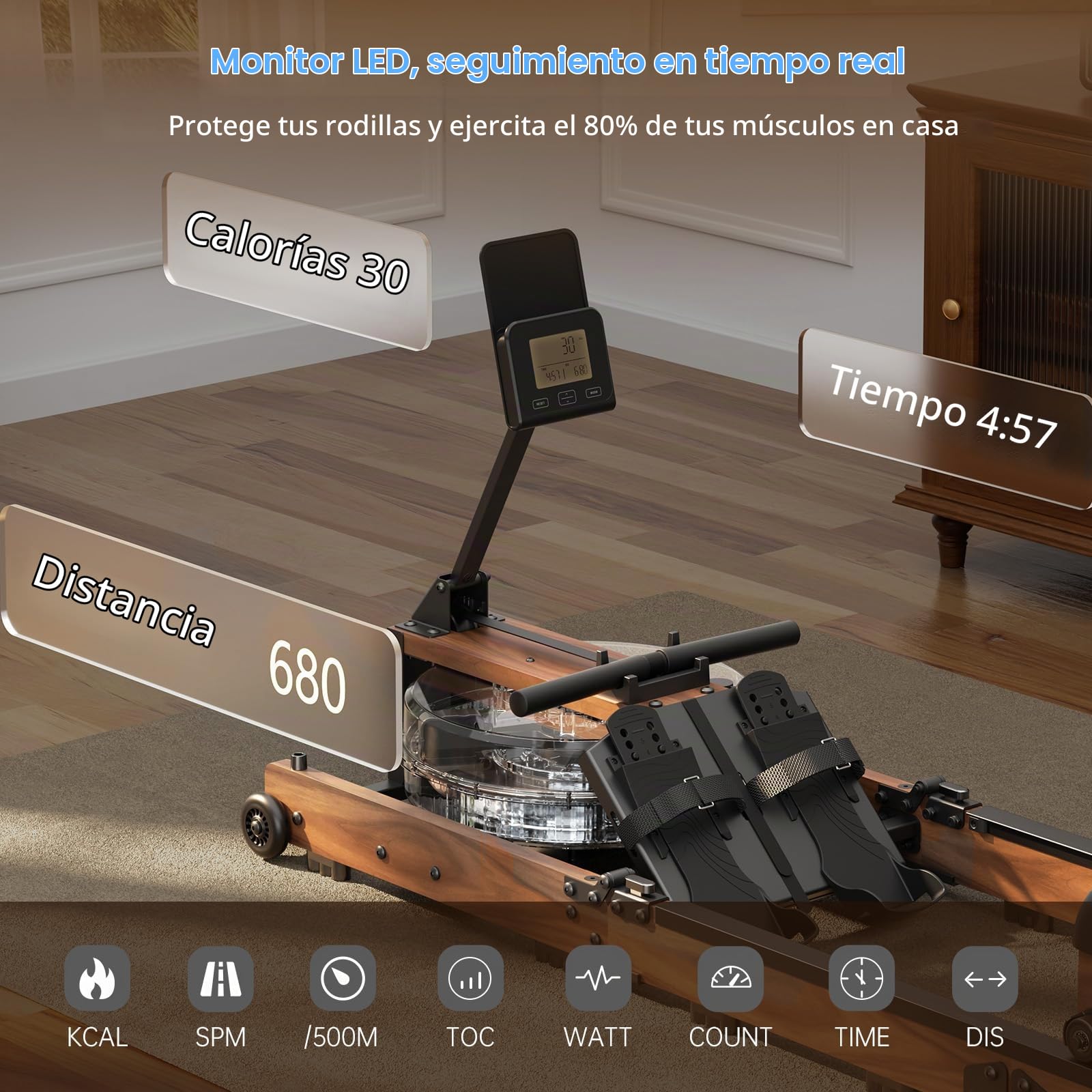 Maquina de Remo para Casa, Máquina de Remo Resistente al Agua con Ajuste de 5 Niveles, Máquina de Remo Triple Plegable, Capacidad de Peso de 180 kg con Monitor LED, Noces Compatibles con la Aplicación