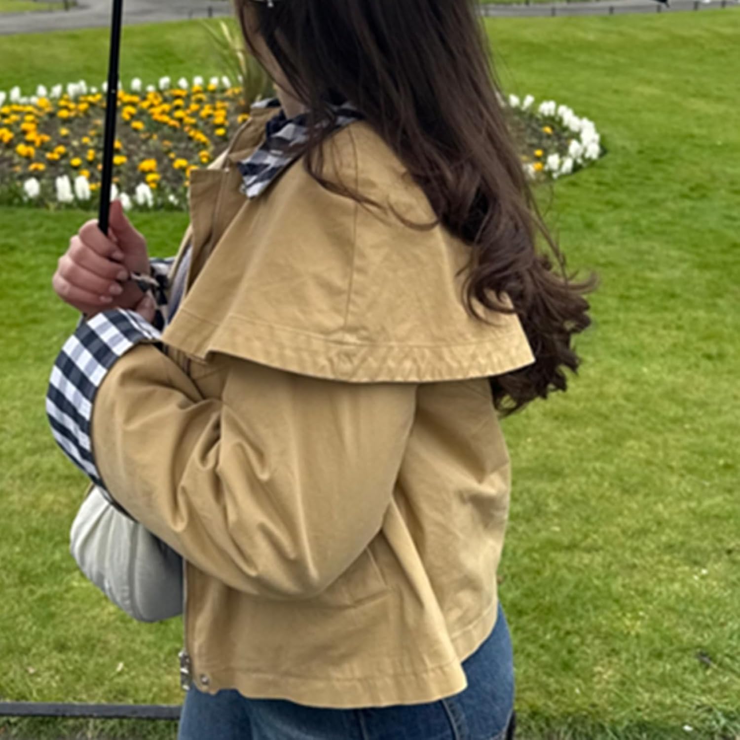 Women's Gingham Cape Jacket, Cotton Plaid Trim Trench Coat Snap Button Cropped Peacoat with Pockets - Image 8