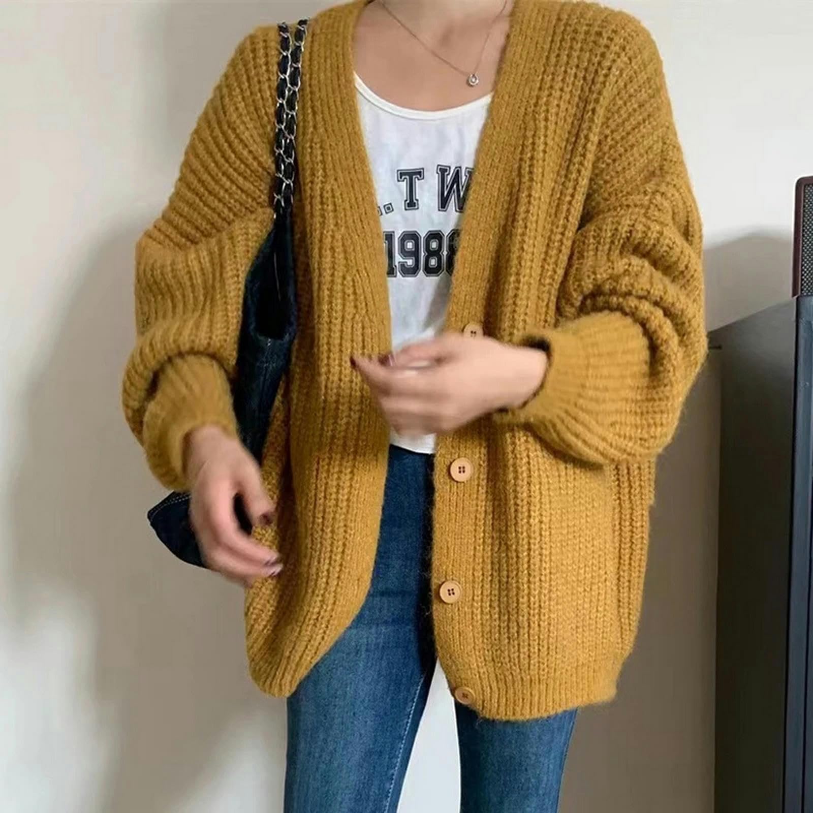 Sweter dla kobiet gruby dzianinowy kardigan damski z długim rękawem dekolt w serek zapinane na guziki swetry kurtka elegancka dzianina jesienno-zimowy strój
