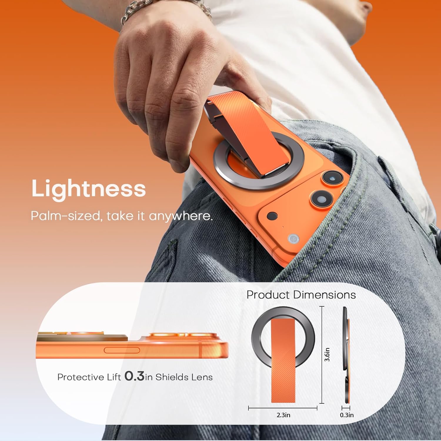 SINCEHOLY Magnetic Phone Grip for MagSafe with Soft Silicone Strap and 2-axis Adjustable Kickstand, Magnet Phone Grip for iPhone 17-12 Series and Samsung Galaxy S26, S25, Z Fold 6, Pixel 9, Orange
