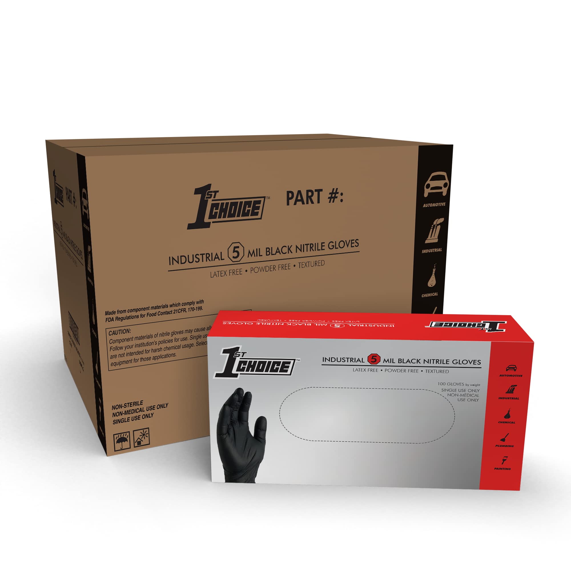 Photo 1 of 1st Choice Black Nitrile Industrial Disposable Gloves, 5 and 6 Mil Options, Latex & Powder-Free, Food-Safe, Textured Large (Pack of 1000) 5 Mil, Case of 1000
