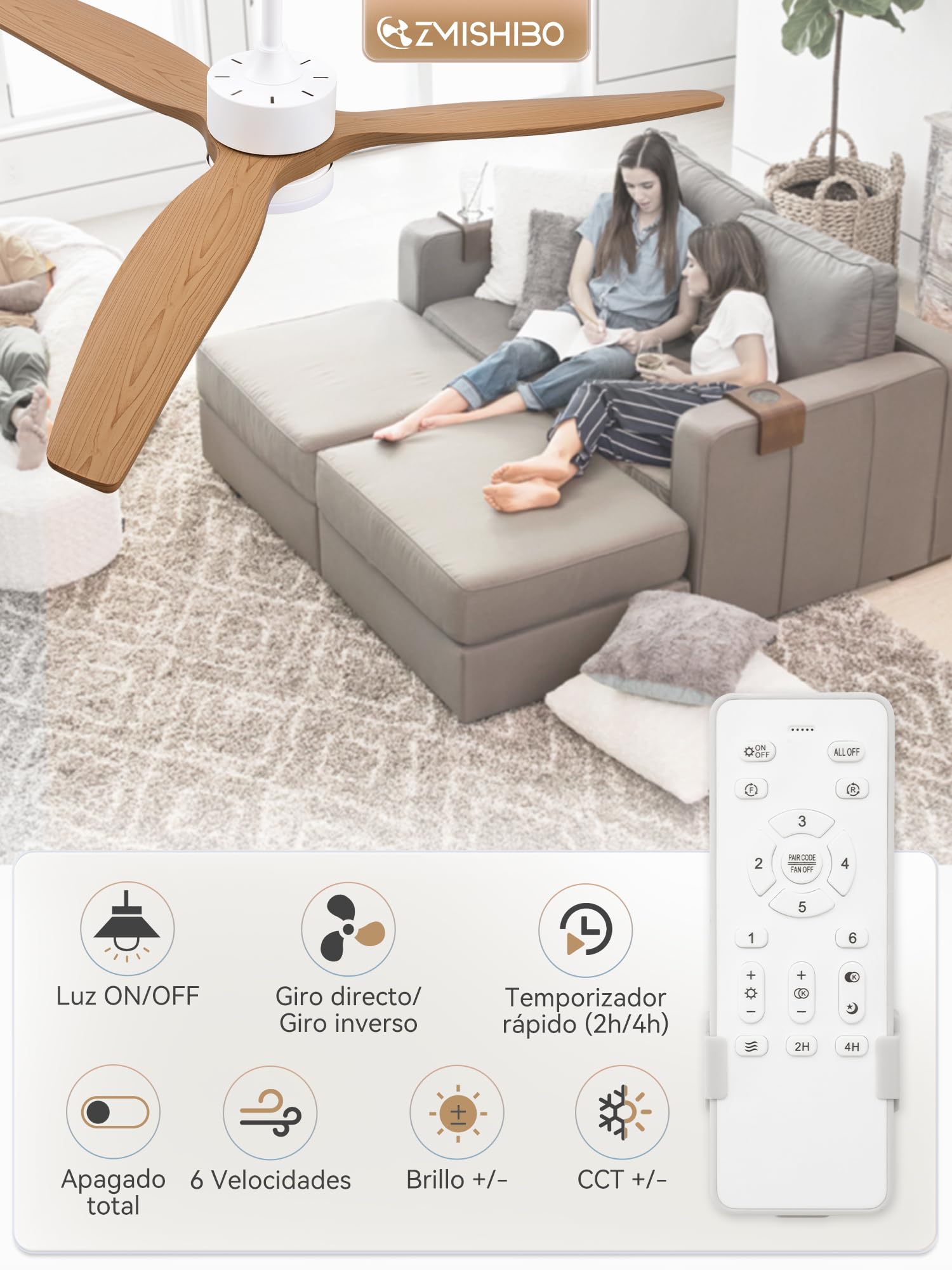 ZMISHIBO Ventilador de Techo con Luz 132cm,3 Aspas ABS Efecto Madera,Motor DC Silencioso,3CCT 3000K-6000K,6 Velocidades,Inversión Verano/Invierno, Control APP y Mando,Temporizador2/4H