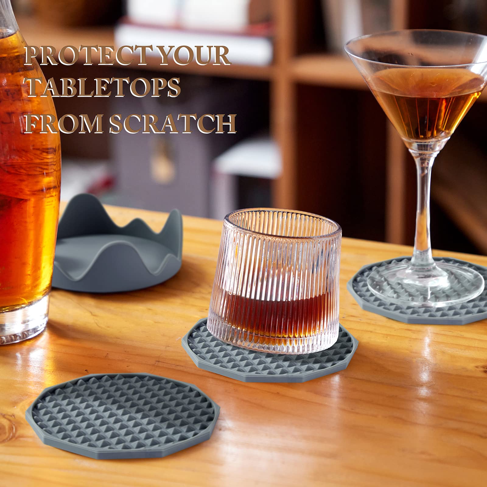 Coga Drink Coasters Set of 6 with Holder, Silicone Coasters Tabletop Protection for Any Table Type, Wood, Stone Tables, Dishwasher Safe, Coasters for Drinks Fits Any Size of Drinking Glasses-Grey
