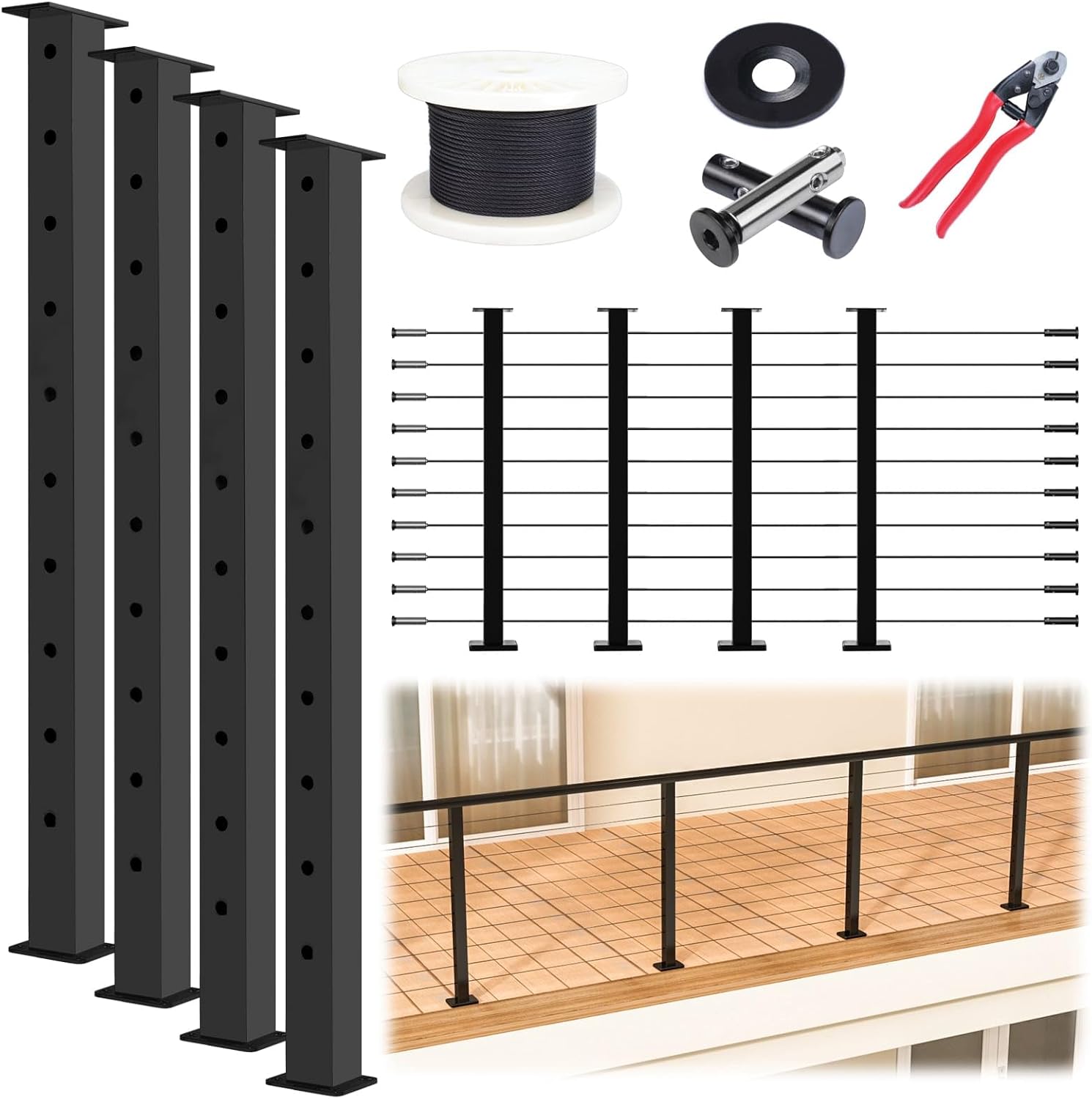 Muzata 15-20FT Modular Black Cable Railing Kit 36 Inch 4 Level Post Kit Complete Set Cable Railing System for Decks Length Adjustable Easy DIY with Paper User Guide (No Handrail) RWS2 BH4S 15-20ft Level post kit